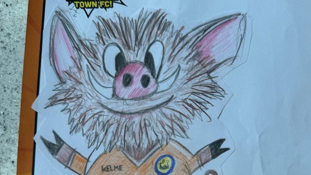 The original drawing of Buddy the boar by Charlie. It is a boar with brown hair, a pink nose and ears and white tusks. It is wearing an orange Braintree Town top, with pencils used to colour it in.