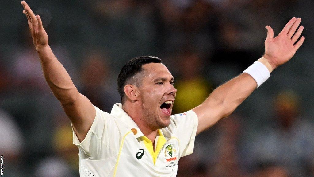 Australia's Scott Boland celebrates dismissing West Indies' Shamarh Brooks during the third day of the second cricket Test match between Australia and the West Indies at the Adelaide Oval in Adelaide on December 10, 2022