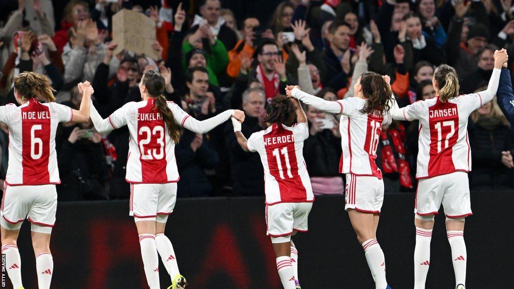 Ajax celebrate after reaching the Women's Champions League quarter-finals