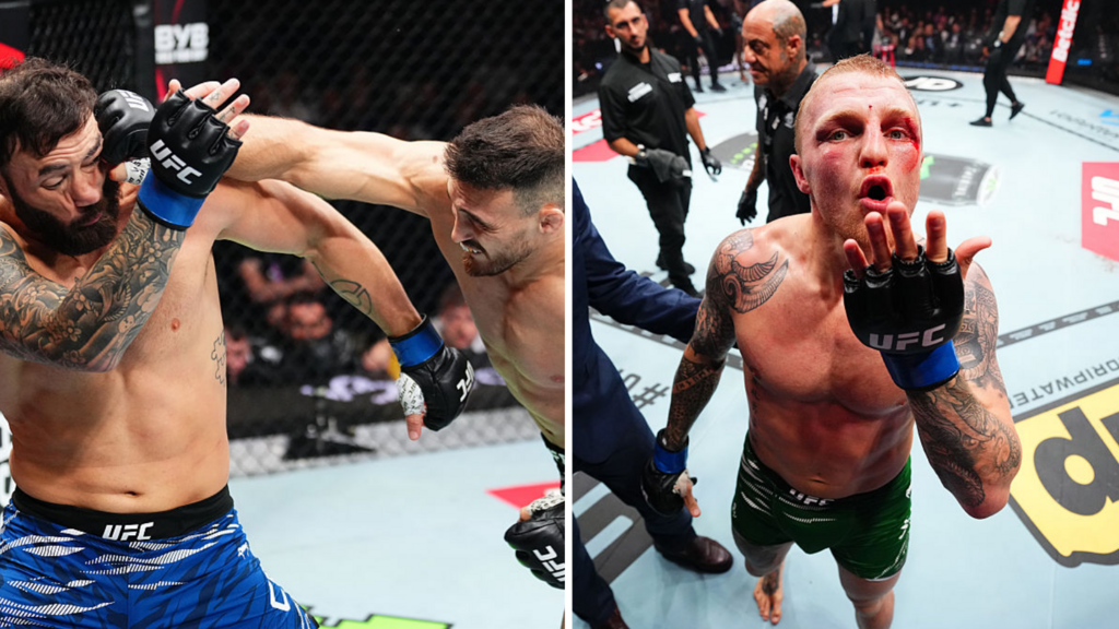 Split image of Paul Craig being punched and Mason Jones blowing a kiss