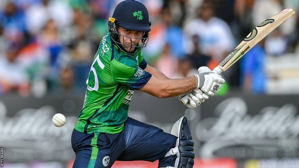 Curtis Campher plays a square cut during Ireland's T20 game against India at Malahide on 20 August