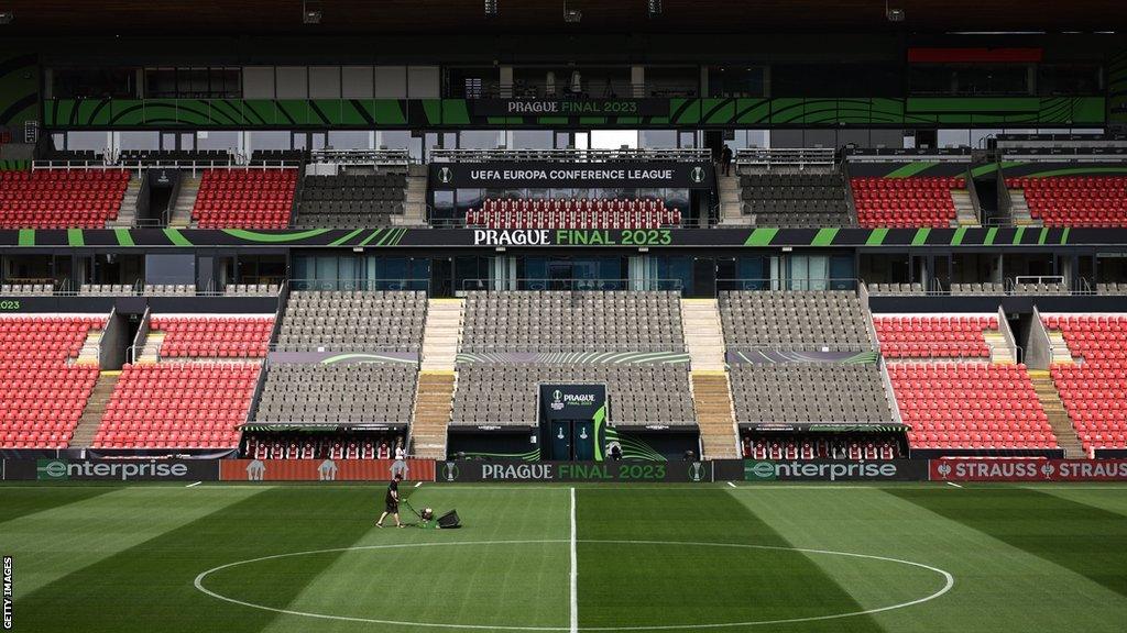 A general view of the ground before the Europa Conference League final between Fiorentina and West Ham in Prague