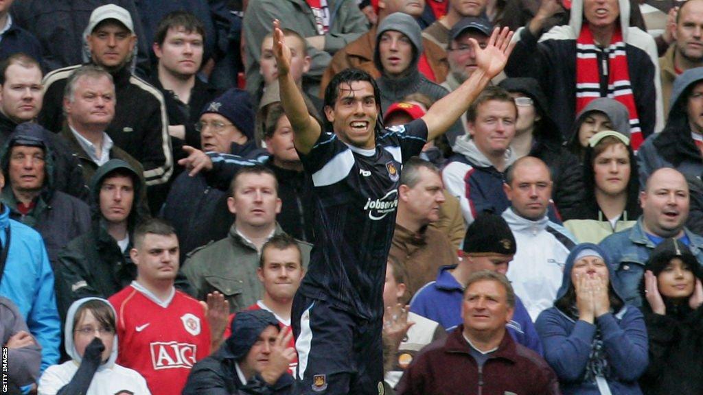 Carlos Tevez celebrates scoring the winner for West Ham against Manchester United