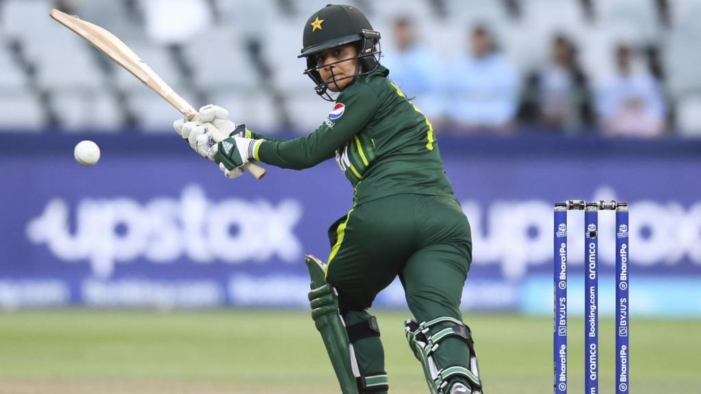 Pakistan's Javeria Wadood Khan watches the ball after playing a shot during the Group B T20 women's World Cup cricket match between Pakistan and Ireland at Newlands Stadium in Cape Town