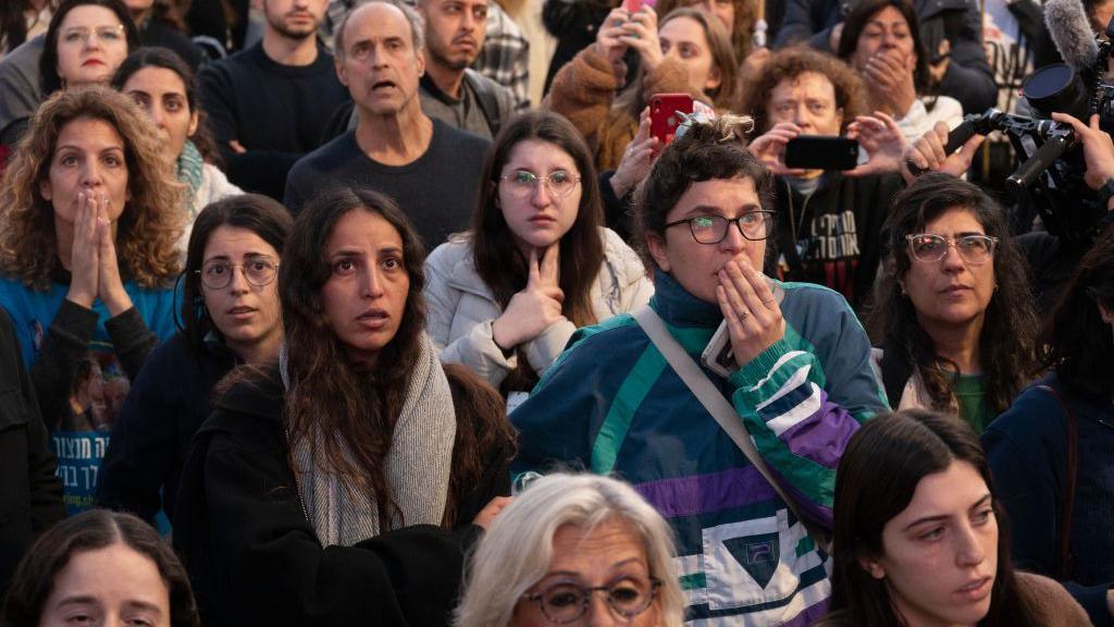 People gathered in Tel Aviv to watch footage of the release of Israeli hostages