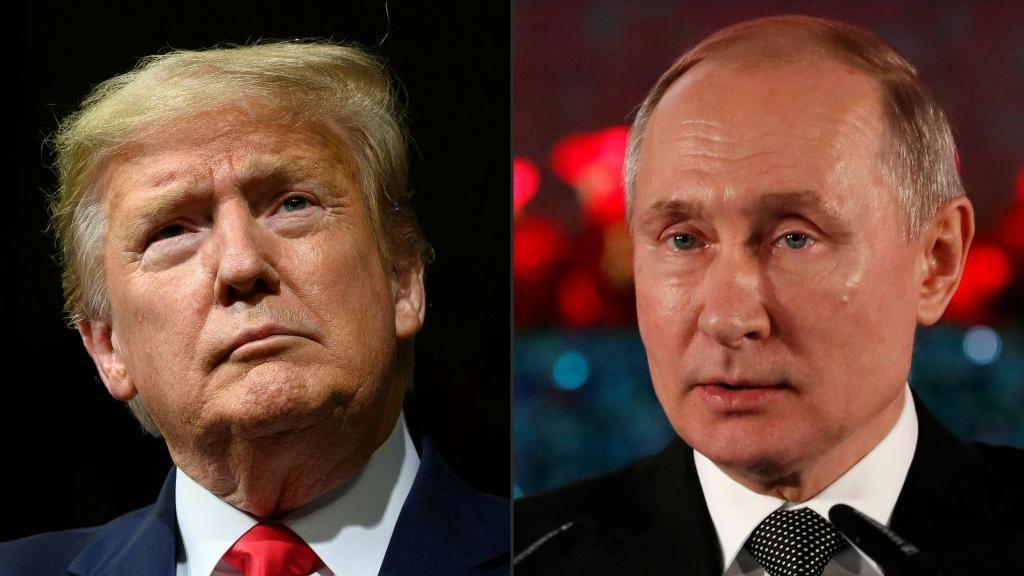 A combined picture of Donald Trump on the with a black background, and Vladimir Putin on the right in front of a blurred background. Both men are in suits wearing neutral facial expressions.