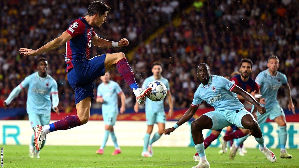 Robert Lewandowski scores against Royal Antwerp