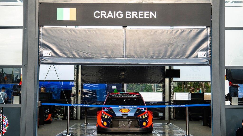 Craig Breen's Hyundai sat in the service park for the duration of the rally