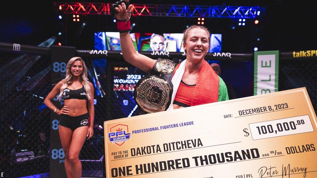 Dakota Ditcheva celebrates with her flyweight title at the PFL Europe finals