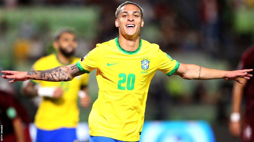 Antony celebrates scoring for Brazil against Venezuela