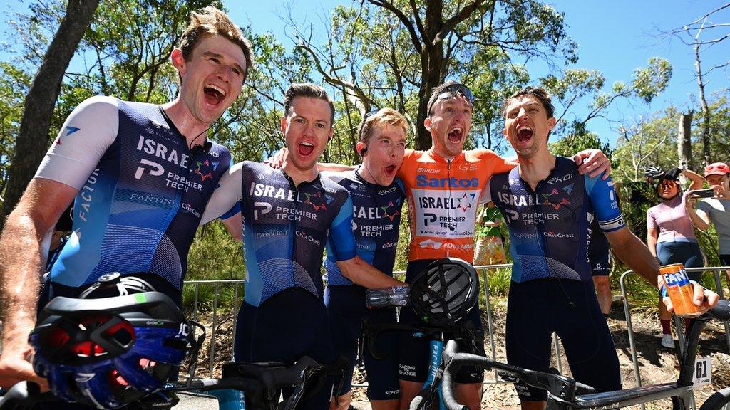 Derek Gee of Canada, Simon Clarke of Australia, Nick Schultz of Australia, overall race winner Stephen Williams of United Kingdom - Orange Santos Leader's Jersey and George Bennett of New Zealand and Team Israel - Premier Tech