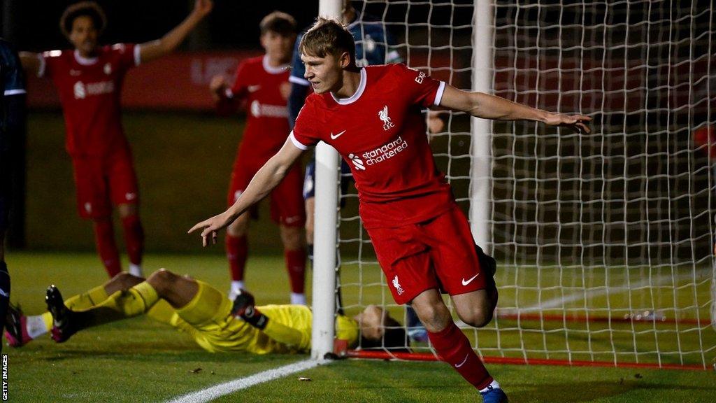 Paul Glatzel celebrates a goal for Liverpool's under-21 side