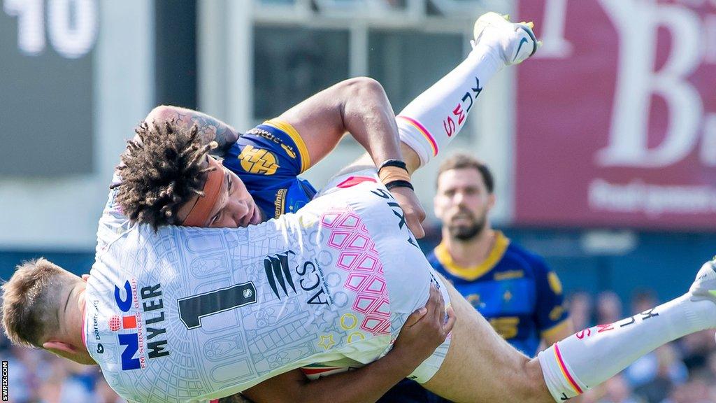 Hugo Salabio spear tackles Leeds' Richie Myler