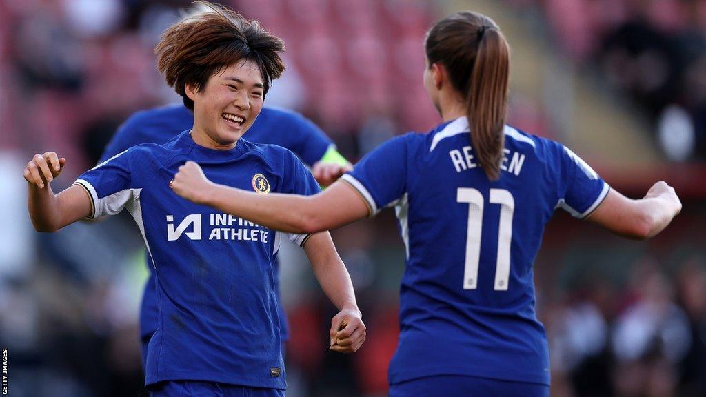 Chelsea's Maika Hamano and Melanie Leupolz celebrate