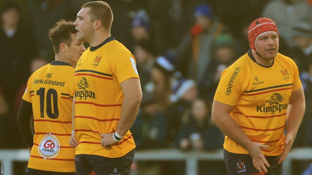 Billy Burns, Marcus Rea and Eric O’Sullivan look dejected as Ulster slide to defeat against Sale