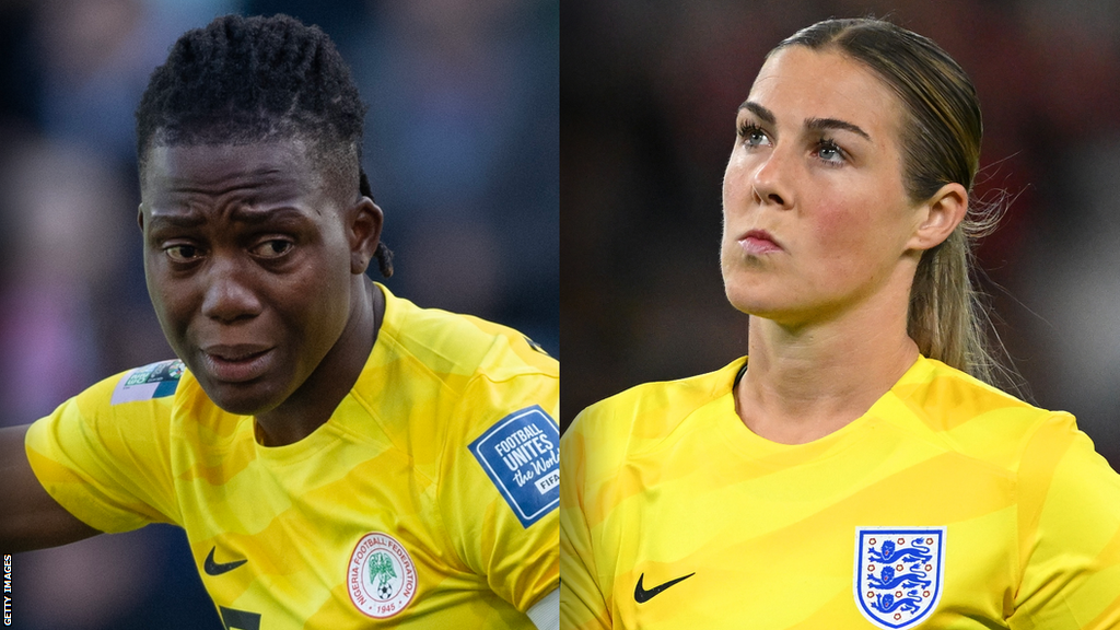 Nigeria goalkeeper Chiamaka Nnadozie England player Mary Earps at the Women's football World Cup