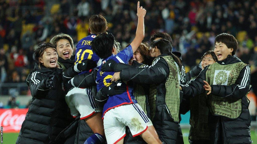 Japan's substitutes join in the celebrations and a goal against Spain at the Women's World Cup