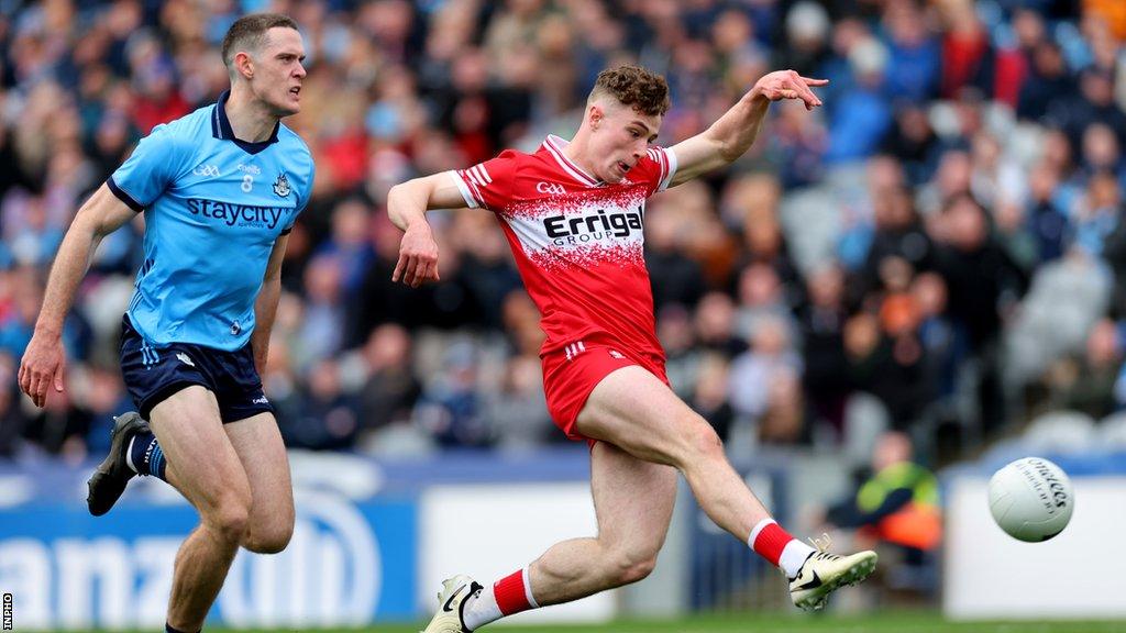 Eoin McEvoy scores Derry's second goal in Sunday's Division One final