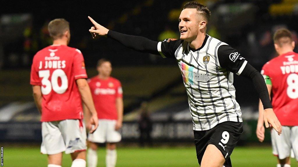 Macaulay Langstaff celebrates scoring for Notts County when they beat Wrexham earlier in the season