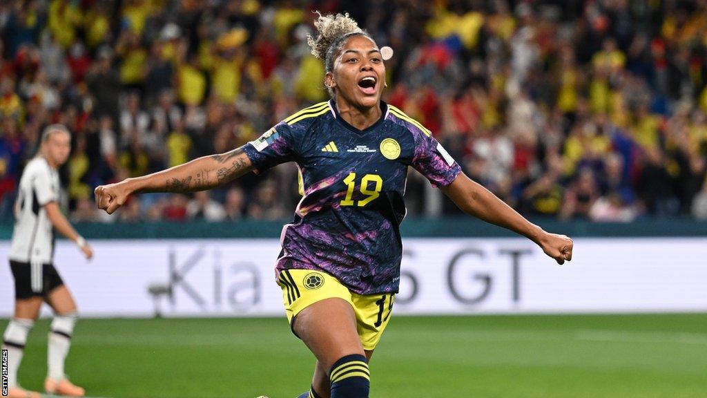 Colombian defender Jorelyn Carabali celebrates a goal versus Germany