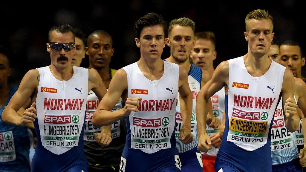 Henrik, Jakob and Filip Ingebrigsten in the men's 1500m at the 2018 European Championships