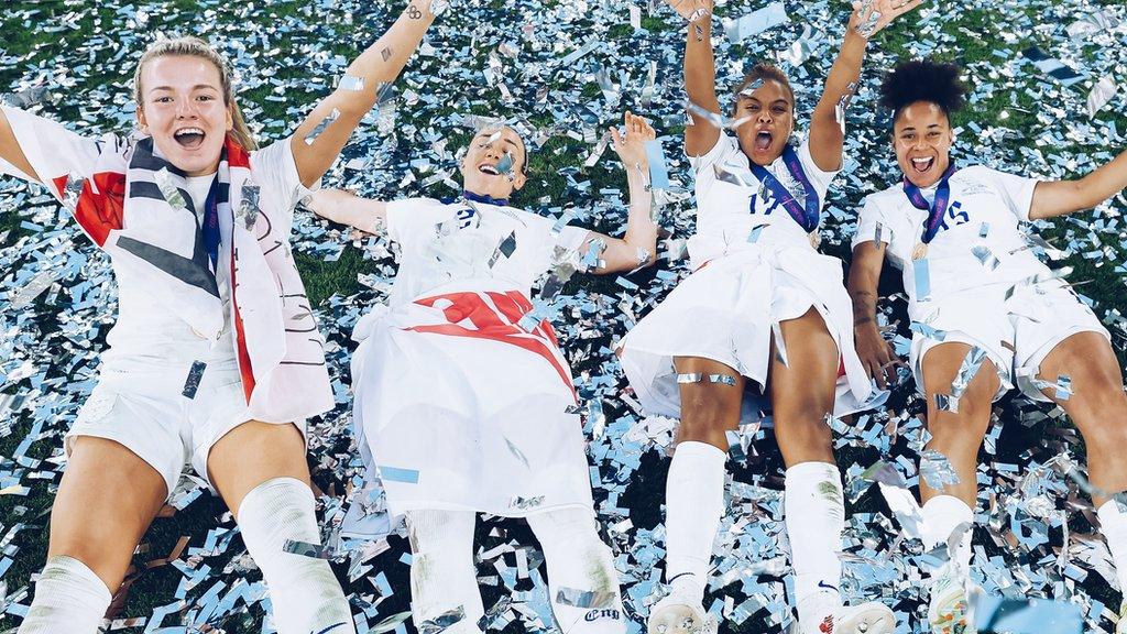 England players celebrate on the pitch at Wembley after the Euro 2022 final