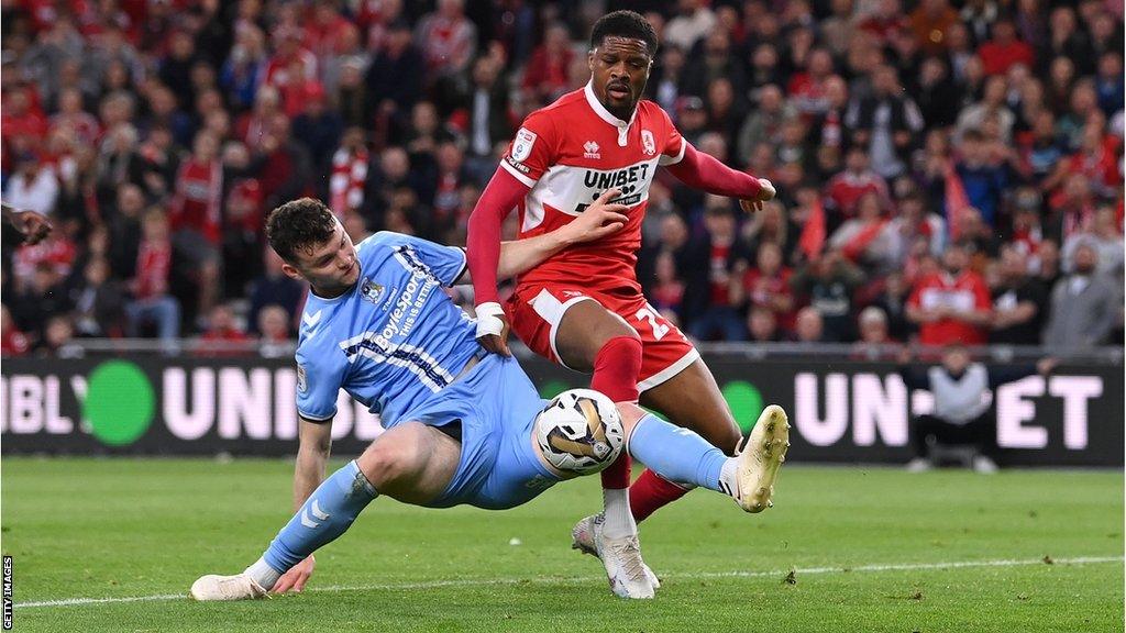 Chuba Akpom tussles with Coventry defender Luke McNally