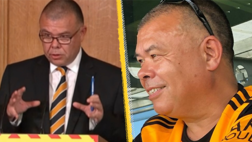 Professor Jonathan Van-Tam (left) at a Downing Street briefing wearing a Boston United tie and (right) at the club's new Jakemans Community Stadium