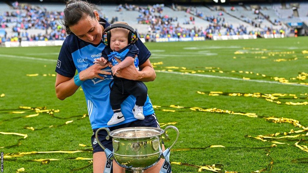 Hannah Tyrrell with her seven-week old daughter Aoife after Dublin's triumph over Kerry