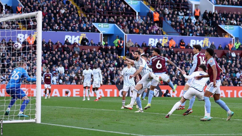 Aston Villa's Douglas Luiz heads home his second goal and Villa's third in their Premier League game against Nottingham Forest