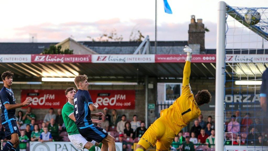 The ball nestles in the top corner as Rocco Vata scores the opener against San Marino