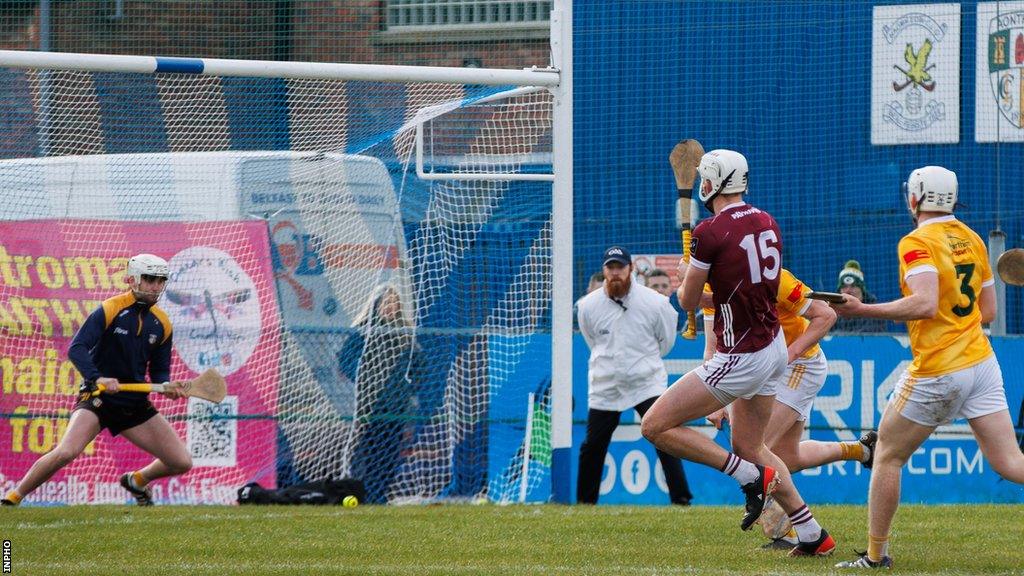 Jason Flynn hits his second Galway goal at Corrigan Park