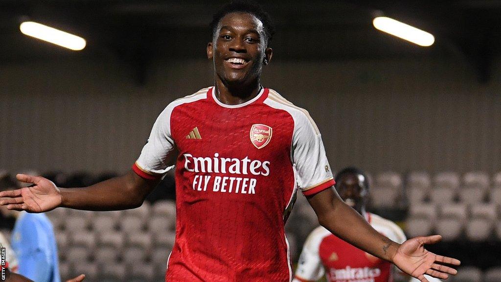 Khayon Edwards celebrates a goal for Arsenal's under-21 side