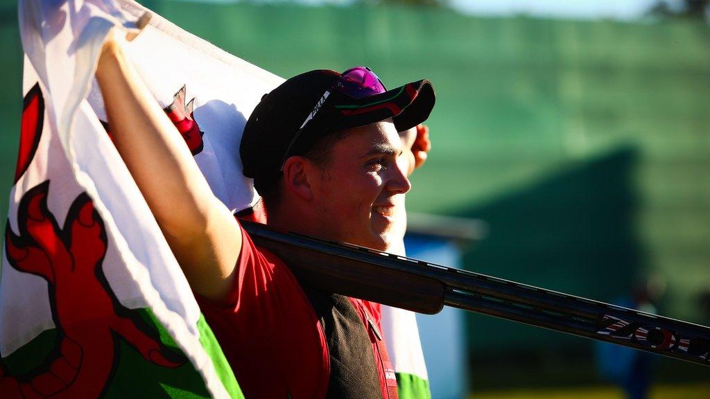 Wales' Ben Llewellin reacts following the skeet men's shooting medal ceremony during the 2018 Gold Coast Commonwealth Games at the Belmont Shooting Complex in Brisbane