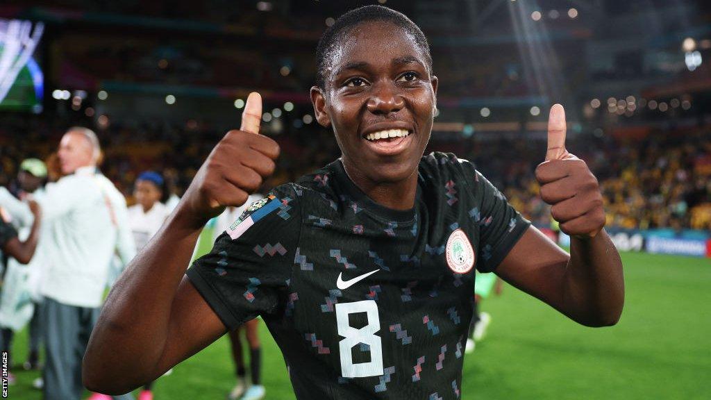 Asisat Oshoala celebrates for Nigeria