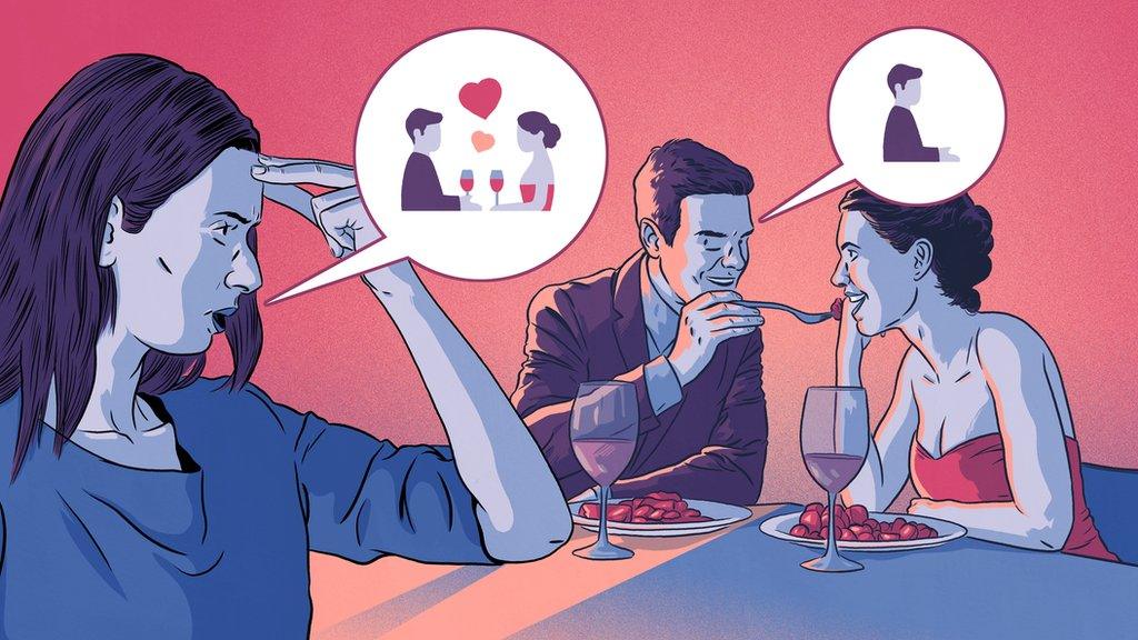 Illustration of a woman seeing her boyfriend on a date with another woman