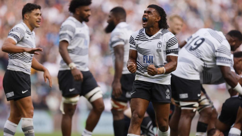 Fiji celebrate victory at Twickenham