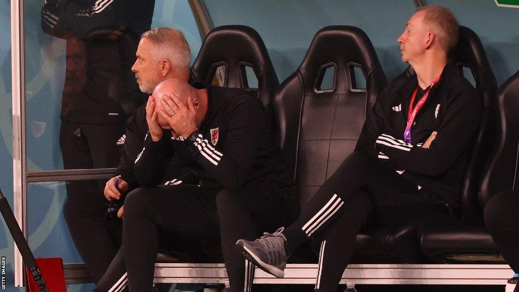 Rob Page with his head in his hands during Wales' 3-0 defeat to England