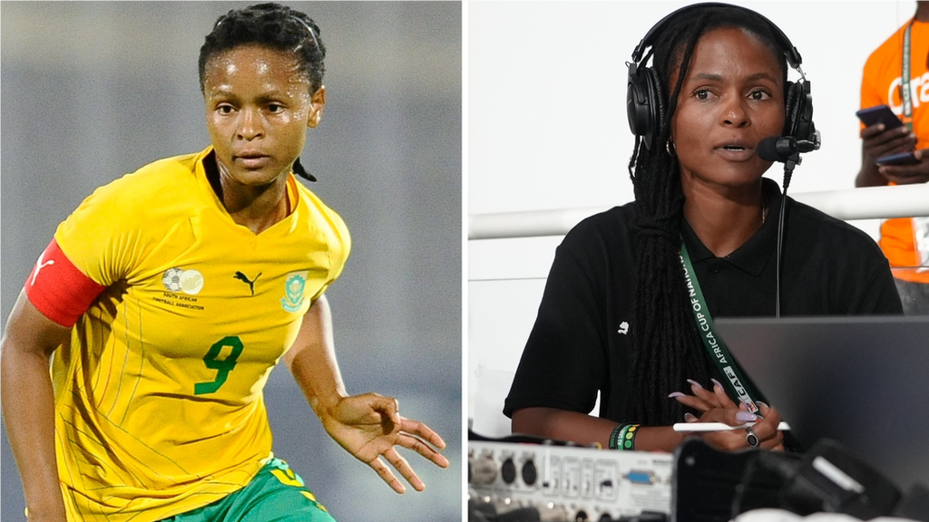 Amanda Dlamini in action for South Africa and in the commentary gantry at the 2023 Africa Cup of Nations