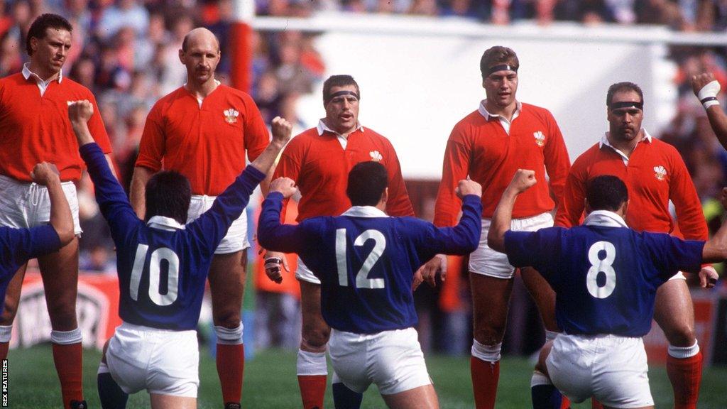 Wales players stand up to the Western Samoa challenge before the 1991 World Cup