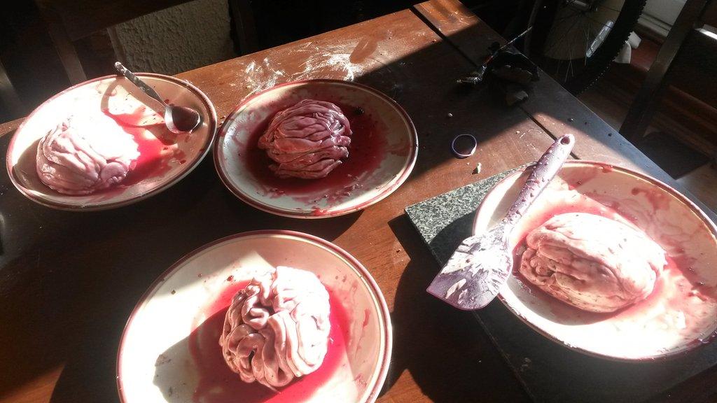 Freyia, Rose and Phoebe made brain cakes using chocolate cake, marshmallow fondant and red currant jelly.