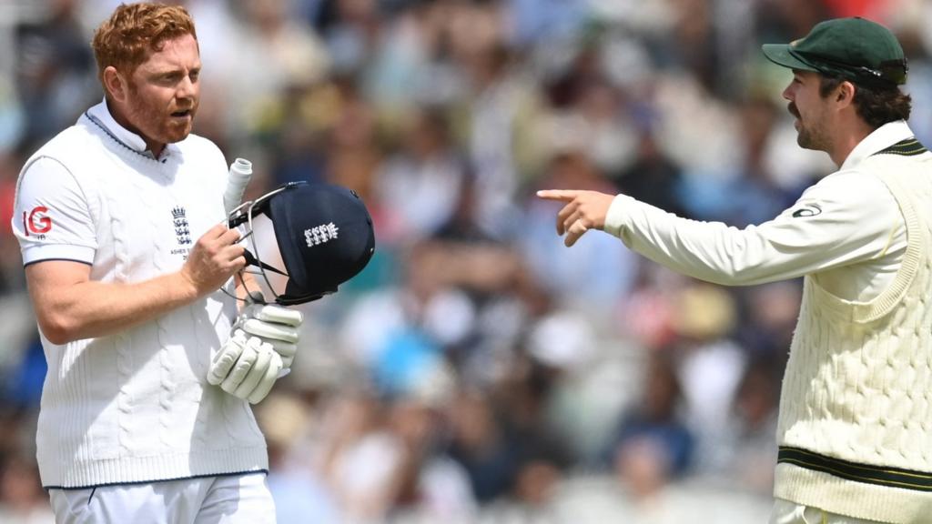 England's Jonny Bairstow remonstrates with Australia's Travis Head