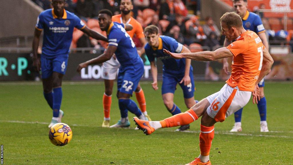 Jordan Rhodes scores his 10th goal of the season for Blackpool