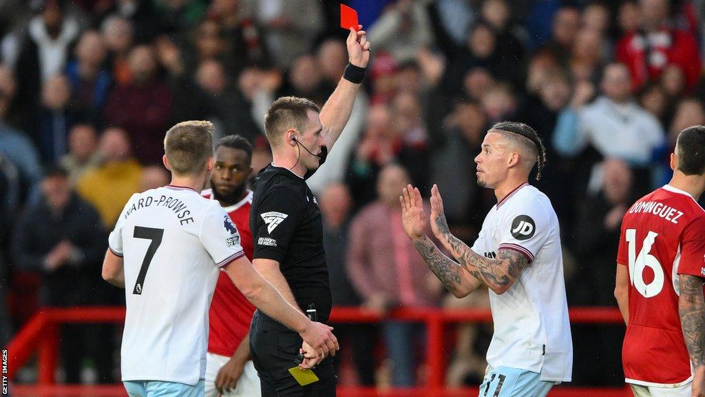 Kalvin Phillips being shown the red card by referee Thomas Bramall at Nottingham Forest