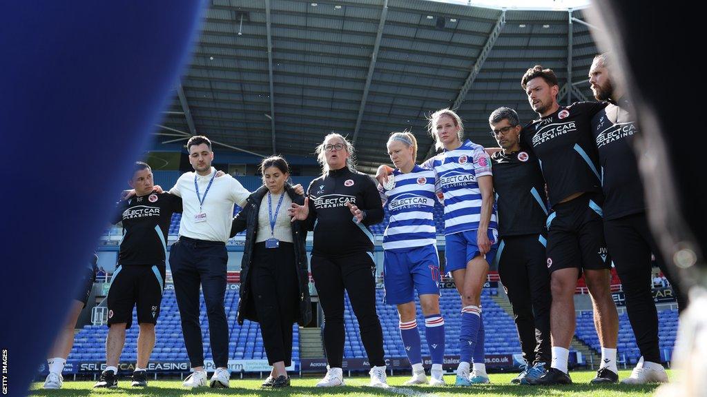 Manager Kelly Chambers addresses the Reading players and staff after their relegation