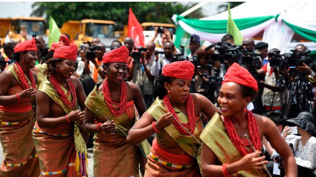 A cultural troupe performs during the ground breaking for the construction of the Lagos-Ibadan rail line project at the Ebute-Metta headquarters of the Nigerian Railway Corporation in Lagos on March 7, 2017.