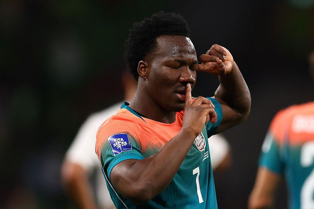 Australia winger Nestory Irankunda celebrates scoring in the 5-1 friendly win against Curacao in March 2026. 