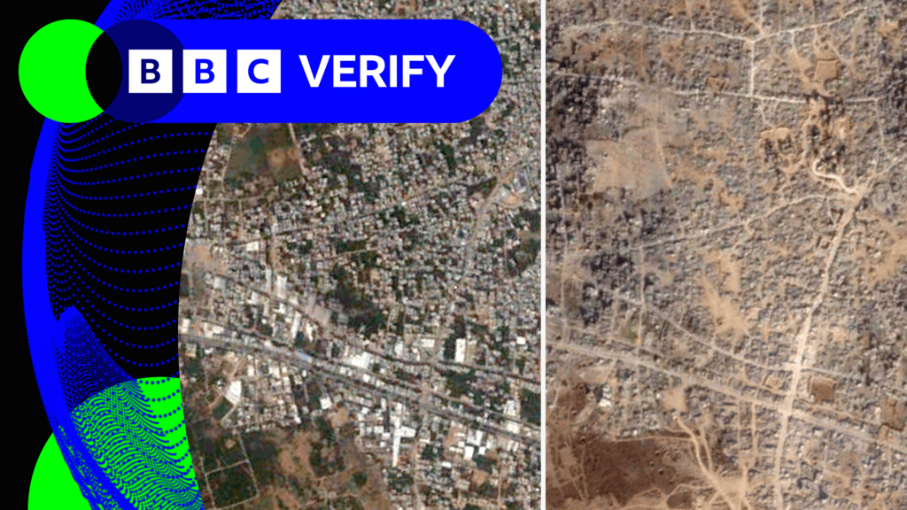 Comparison of two satellite images of Gaza City, one shows a neighbourhood undamaged and the other nearly entirely destroyed 