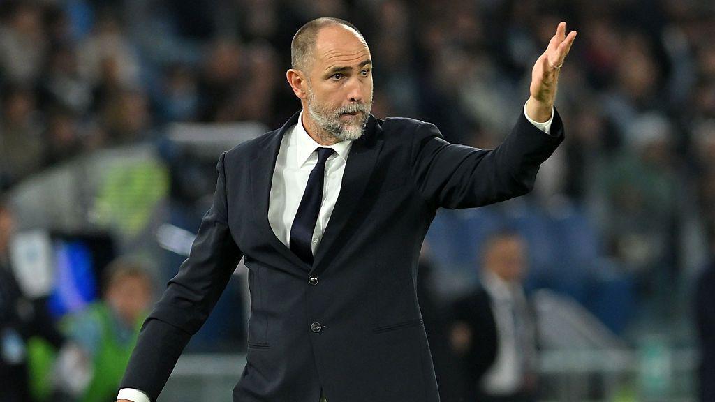 Manager Igor Tudor gesticulates in an annoyed way at the side of a football pitch