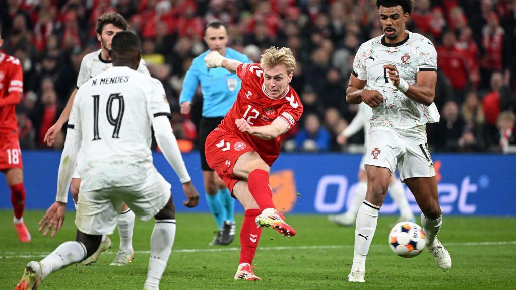 Mika Biereth playing for Denmark